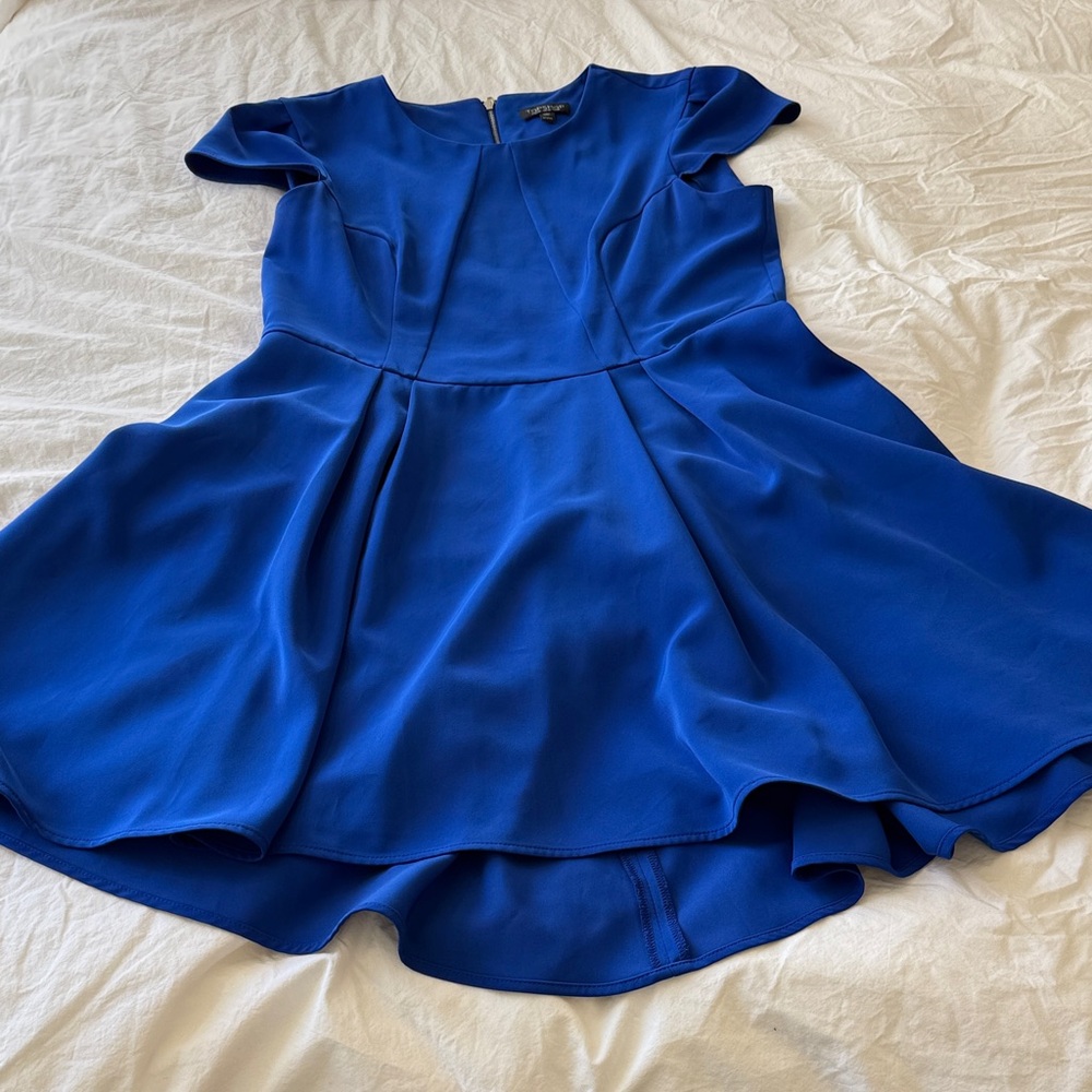 TopShop EUC Hi/Lo fit n flare skater dress with exposed zipper, size 10, Blue